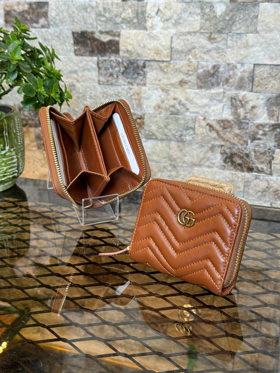 Portefeuille mini zippé en cuir (marron)